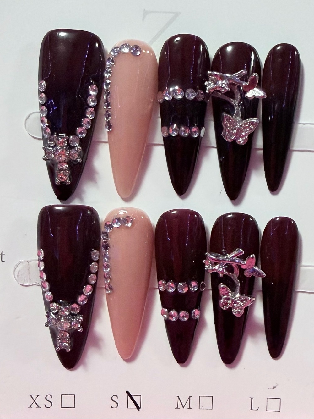 False Acrylic Nail Set with Rhinestone Butterflies - Burgundy & Nude